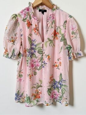 Haver London Pink Floral Metallic Clip Dot Ruffle Neck Puff Sleeve Blouse S